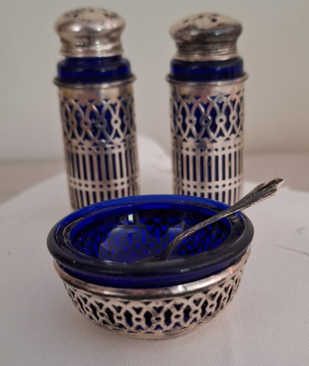 Antique Webster Co. Sterling Silver & Cobalt Bue Glass Salt Cellar Shaker Set